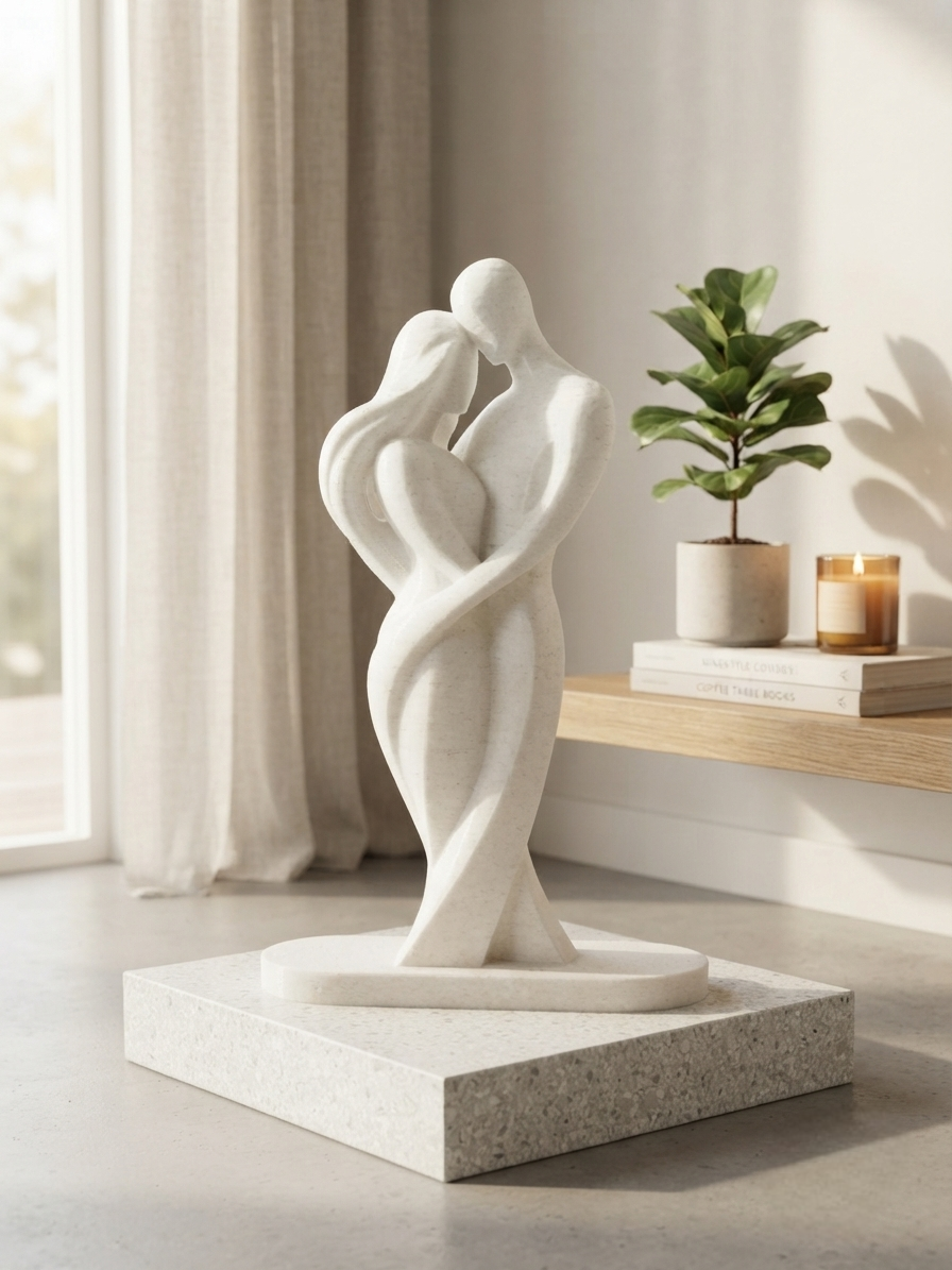 Dance of Love couple sculpture – matte white 3D printed abstract dancing figures on stone base in bright living room