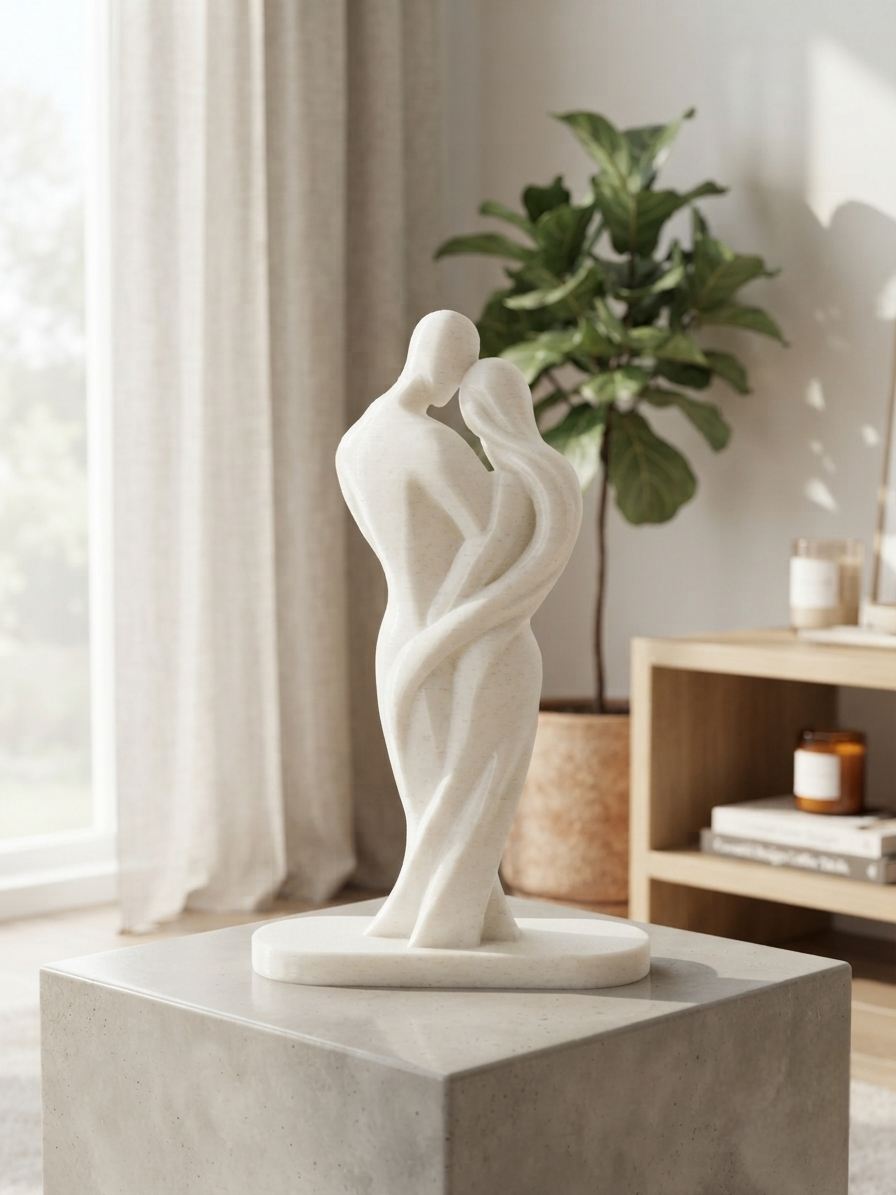 Dance of Love couple sculpture – matte white 3D printed abstract dancing figures on stone base in bright living room