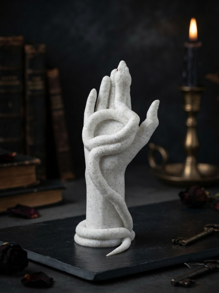 Witch hand sculpture with snake coiled around it – matte white 3D printed gothic decor, front view