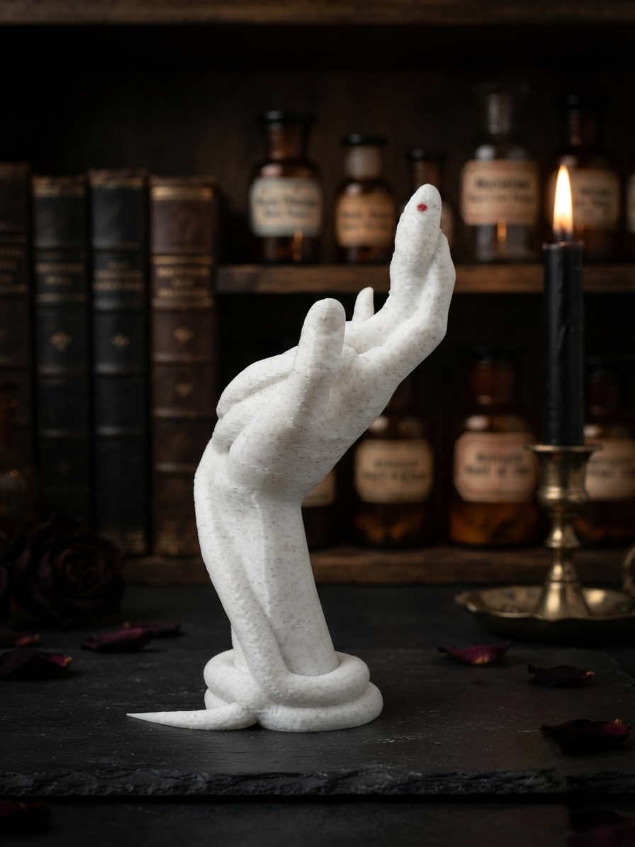 Witch hand sculpture with snake coiled around it – matte white 3D printed gothic decor, front view