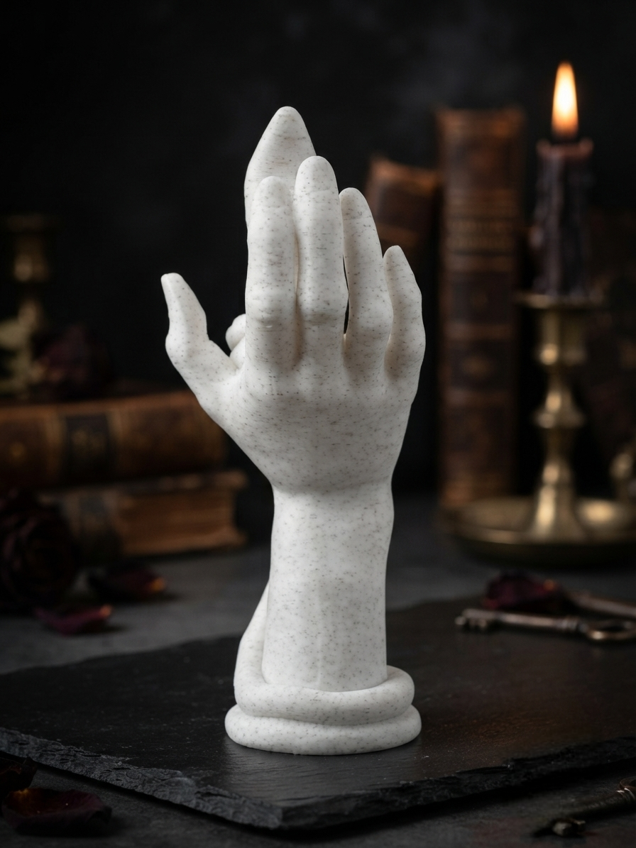 Witch Hand Sculpture – 3D Printed Matte White Gothic Decor with Snake
