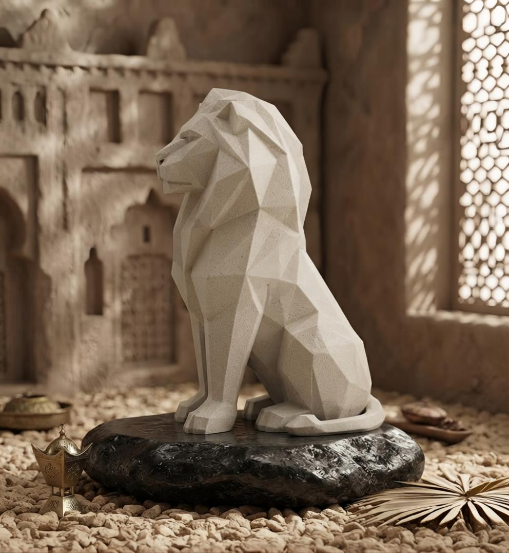 Low-Poly Lion Statue – 3D Printed Geometric Sculpture with Stone Base