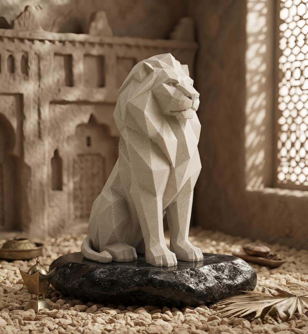 Low-Poly Lion Statue – 3D Printed Geometric Sculpture with Stone Base