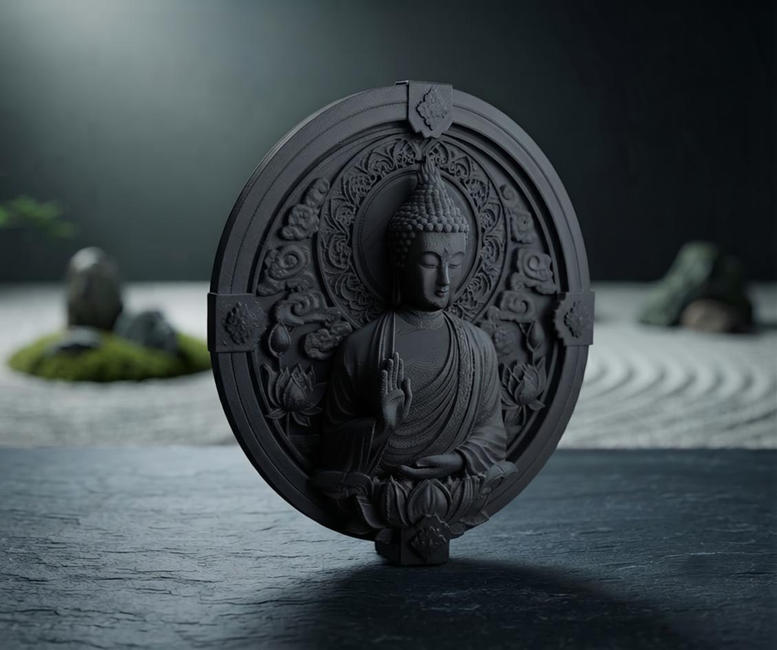 Buddha Medallion Wall Plaque – 3D Printed Matte Black Spiritual Decor