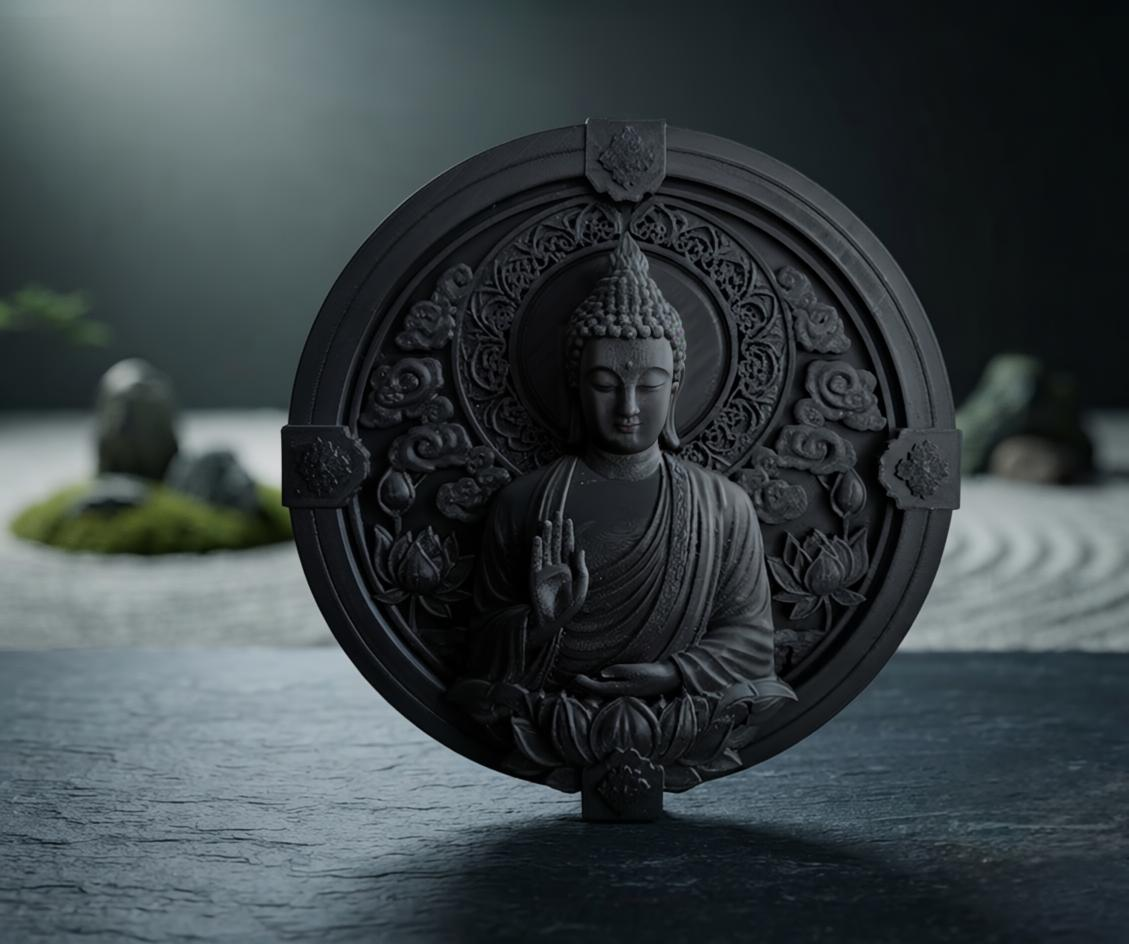 Buddha Medallion Wall Plaque – 3D Printed Matte Black Spiritual Decor