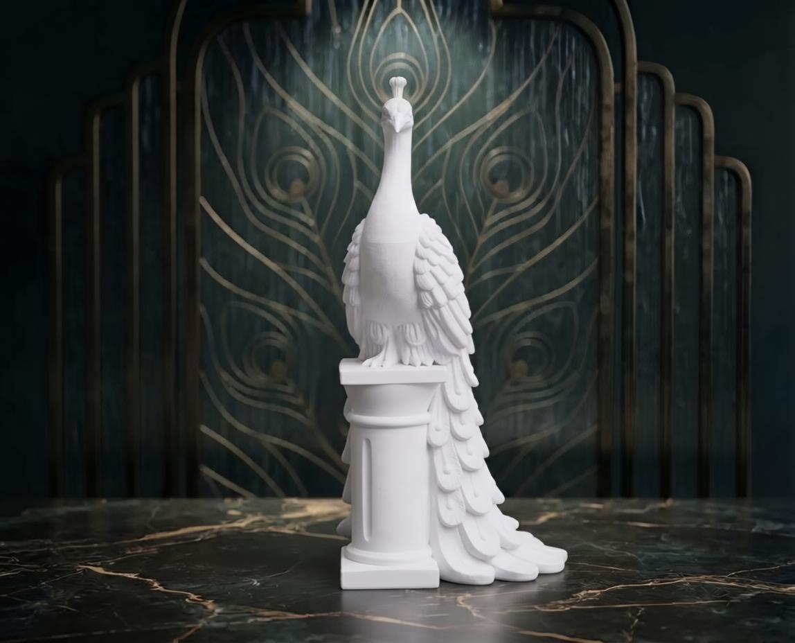 White peacock statue – matte white 3D printed sculpture on classical pedestal, side view