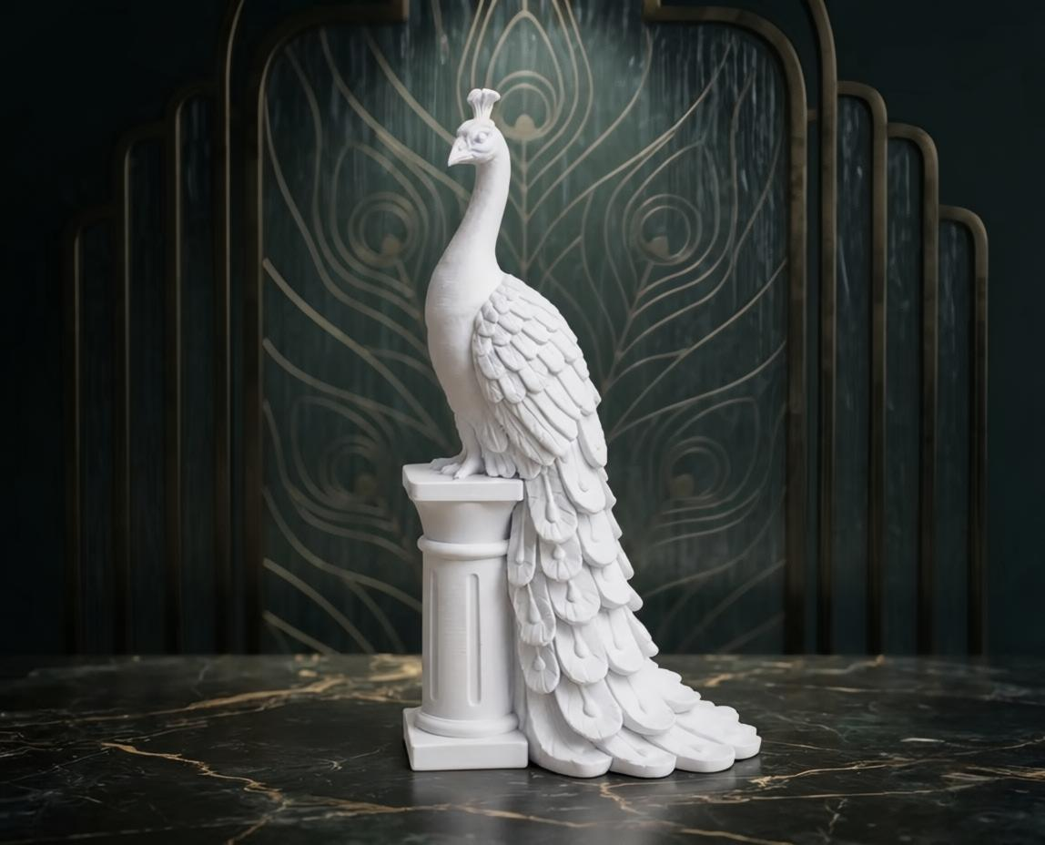 White peacock statue – matte white 3D printed sculpture on classical pedestal, side view