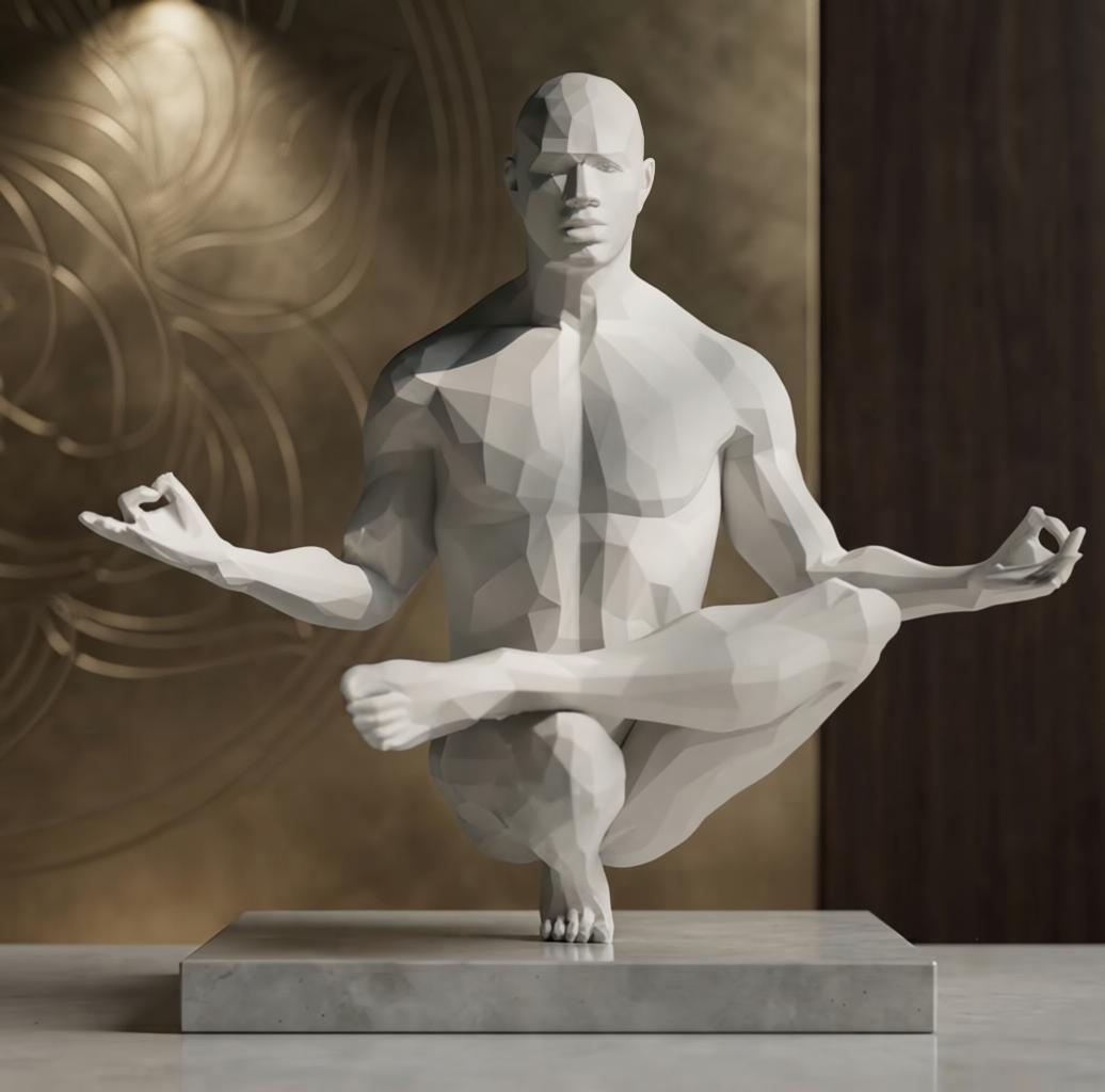 Low-poly zen meditator sculpture – matte white 3D printed figure in Chin Mudra pose on stone base, front view