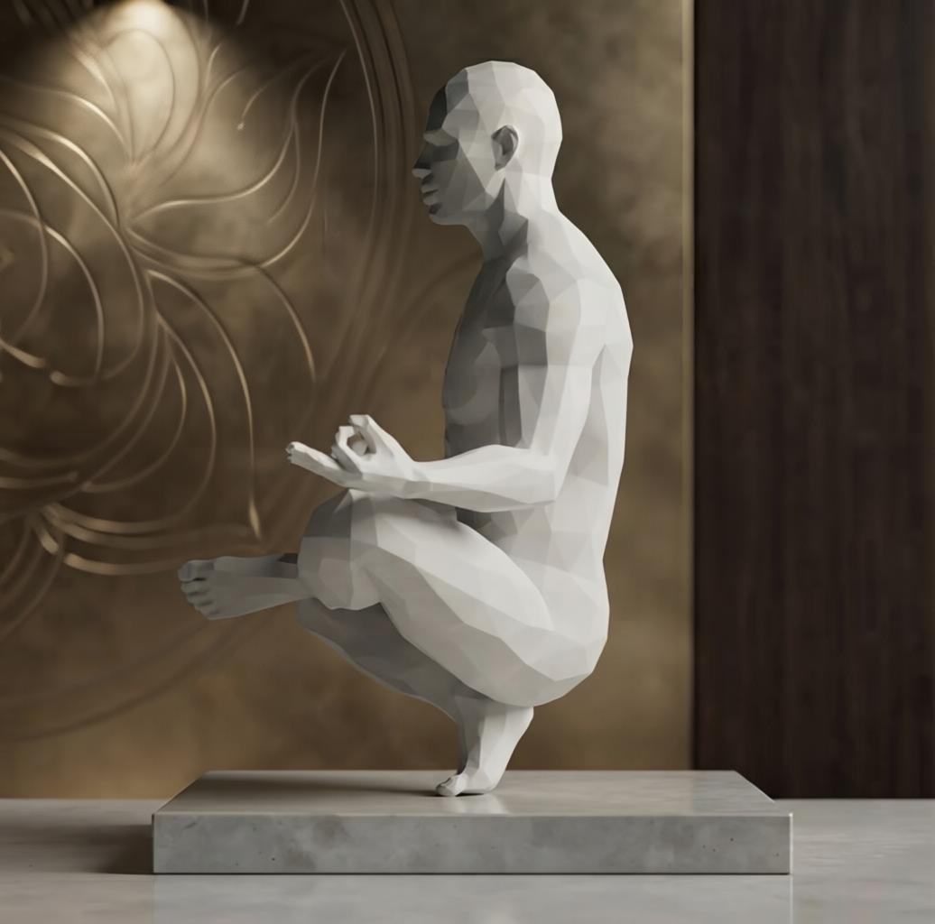 Low-poly zen meditator sculpture – matte white 3D printed figure in Chin Mudra pose on stone base, front view