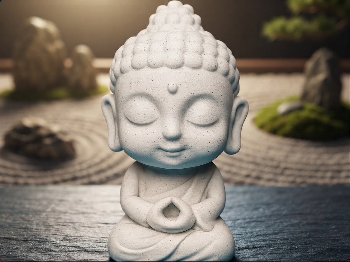 Baby Buddha figurine – matte white 3D printed miniature seated in meditation, front view in zen garden setting