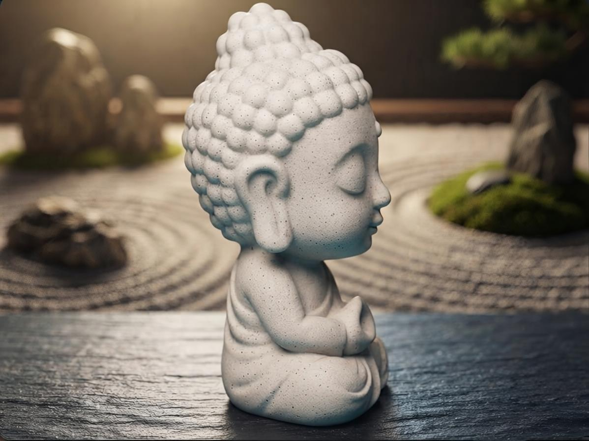 Baby Buddha figurine – matte white 3D printed miniature seated in meditation, front view in zen garden setting