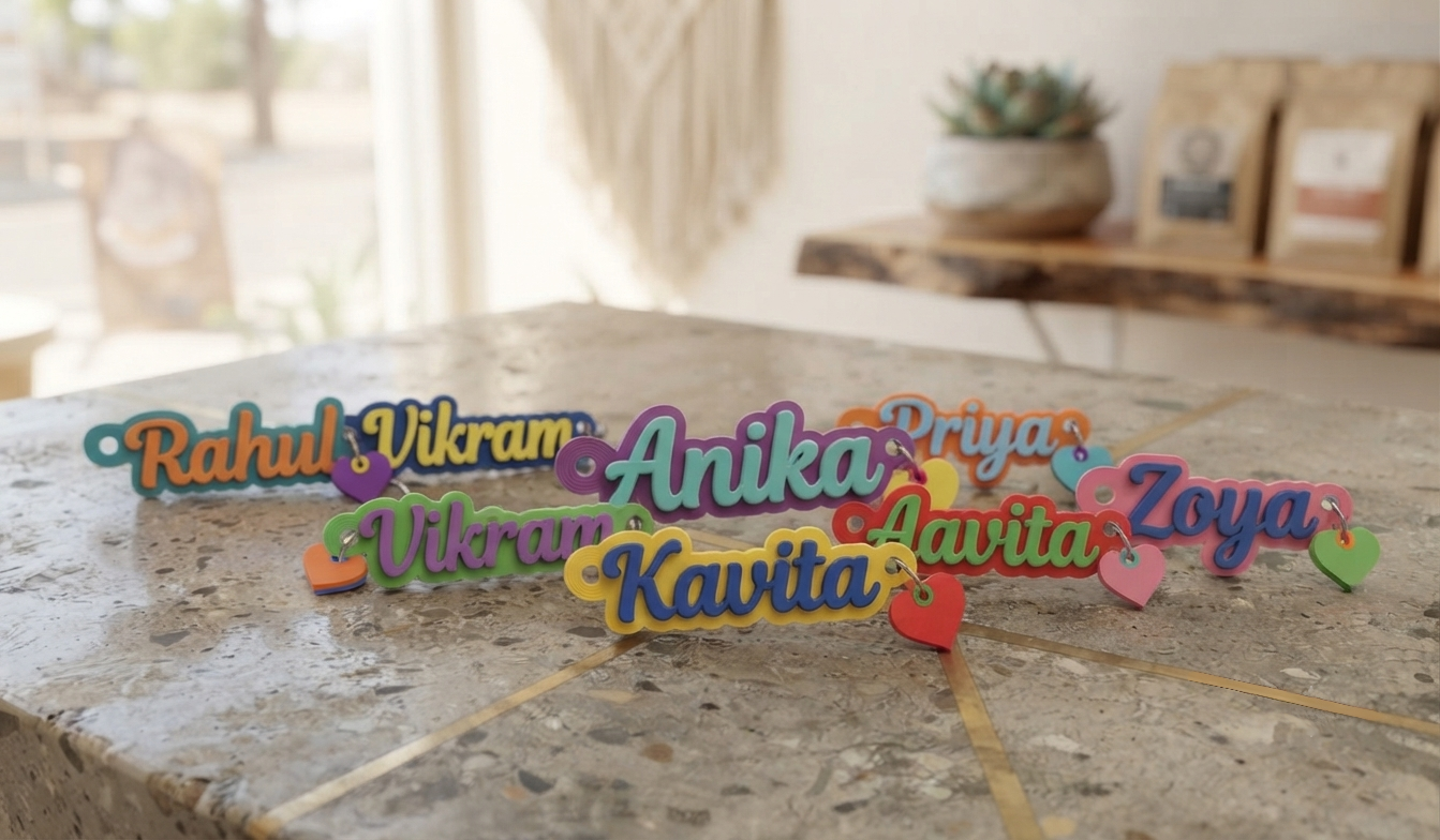 Personalised 3D printed name keychains in multicolour script lettering with heart charms – various names displayed