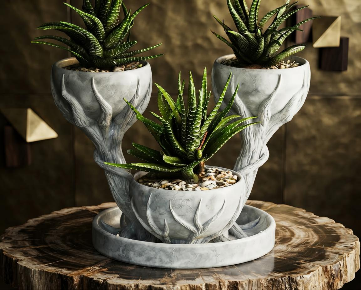 Enchanted tree planter set – three marble-grey 3D printed tiered bark-texture pots with succulents on wooden surface, front view