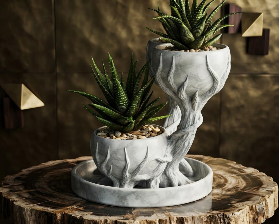 Enchanted Tree Planter Set – 3D Printed Marble-Texture Tiered Succulent Pots with Saucer