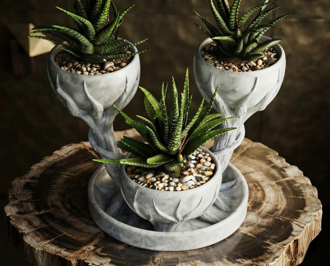 Enchanted Tree Planter Set – 3D Printed Marble-Texture Tiered Succulent Pots with Saucer