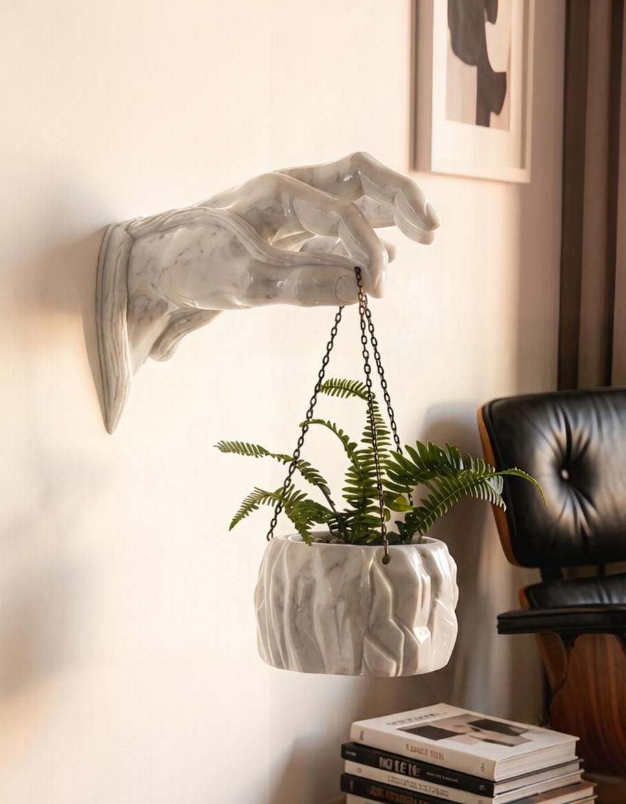 Sculptural hand wall mount holding a hanging marble-finish planter with fern