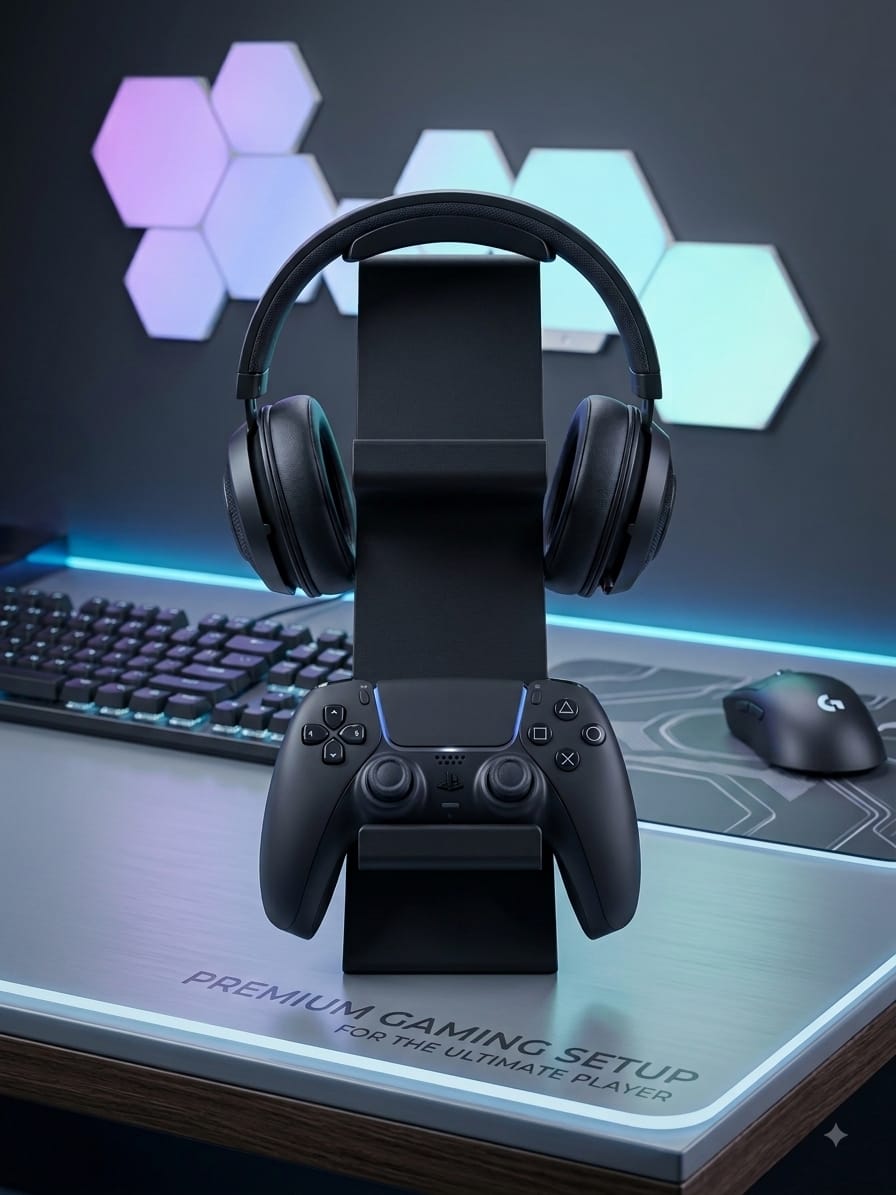 Ergo-Stack gaming stand with headset and PS5 DualSense controller – front close-up